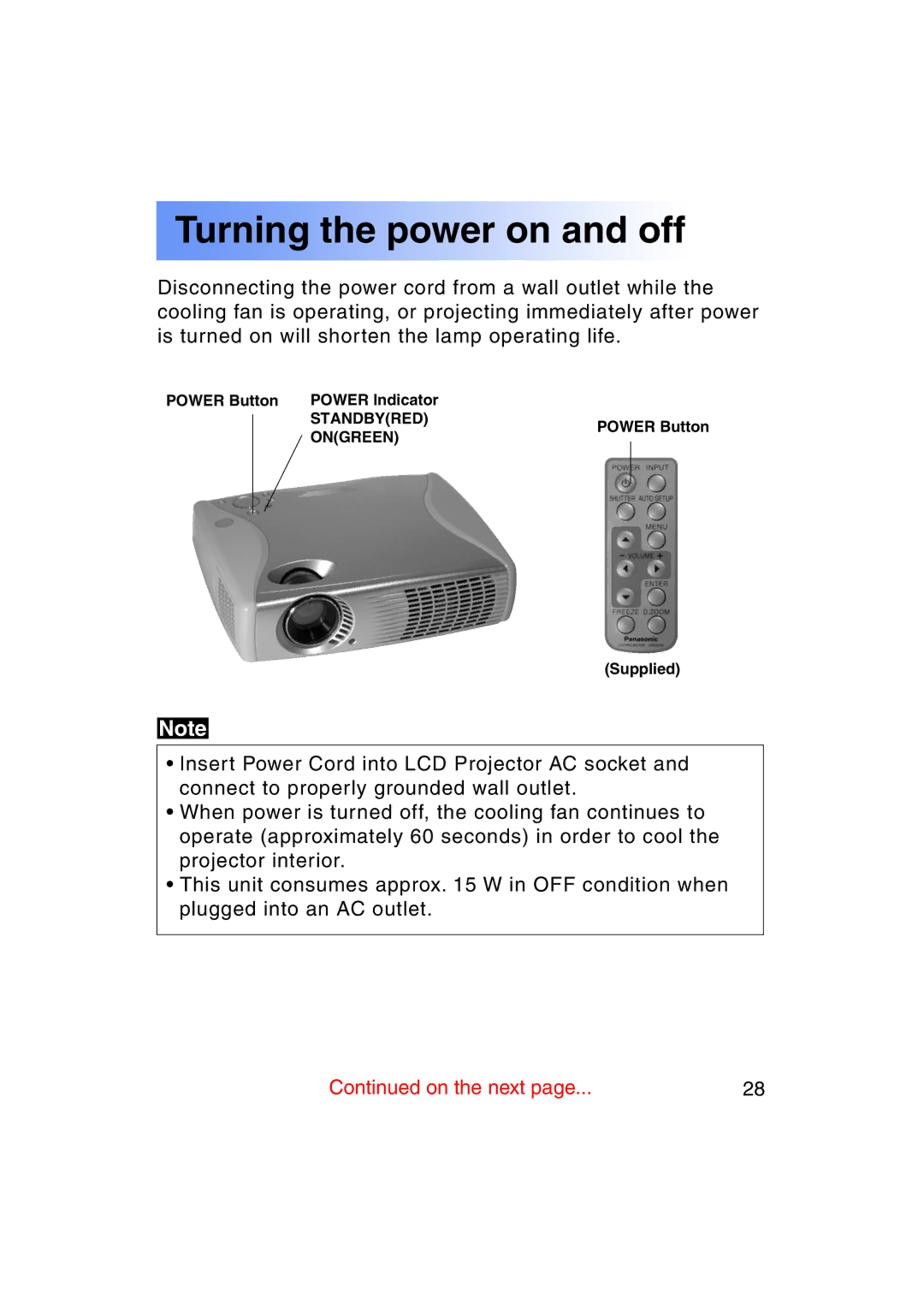 Panasonic PT-LC50U manual Turning the power on and off 