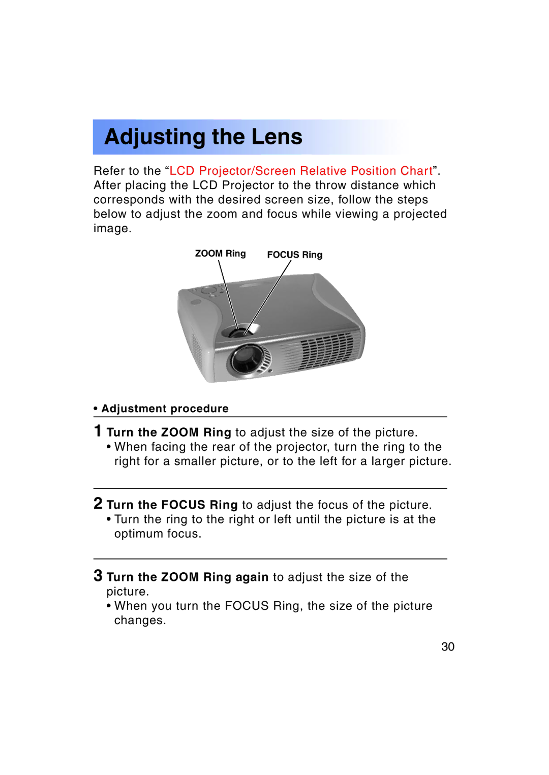 Panasonic PT-LC50U manual Adjusting the Lens 