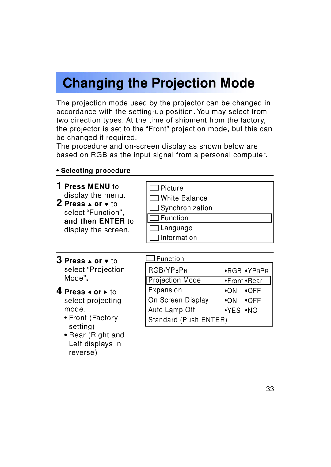 Panasonic PT-LC50U manual Changing the Projection Mode, Press Menu to display the menu 