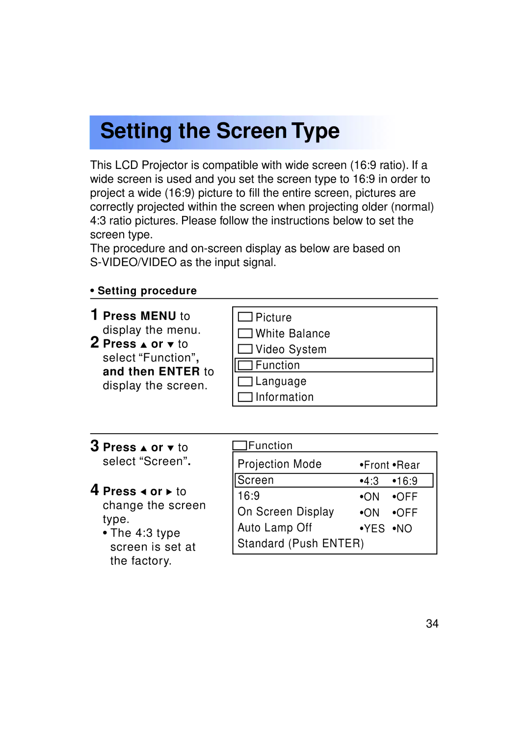 Panasonic PT-LC50U manual Setting the Screen Type, Press Menu to display the menu Press or to, Then Enter to 