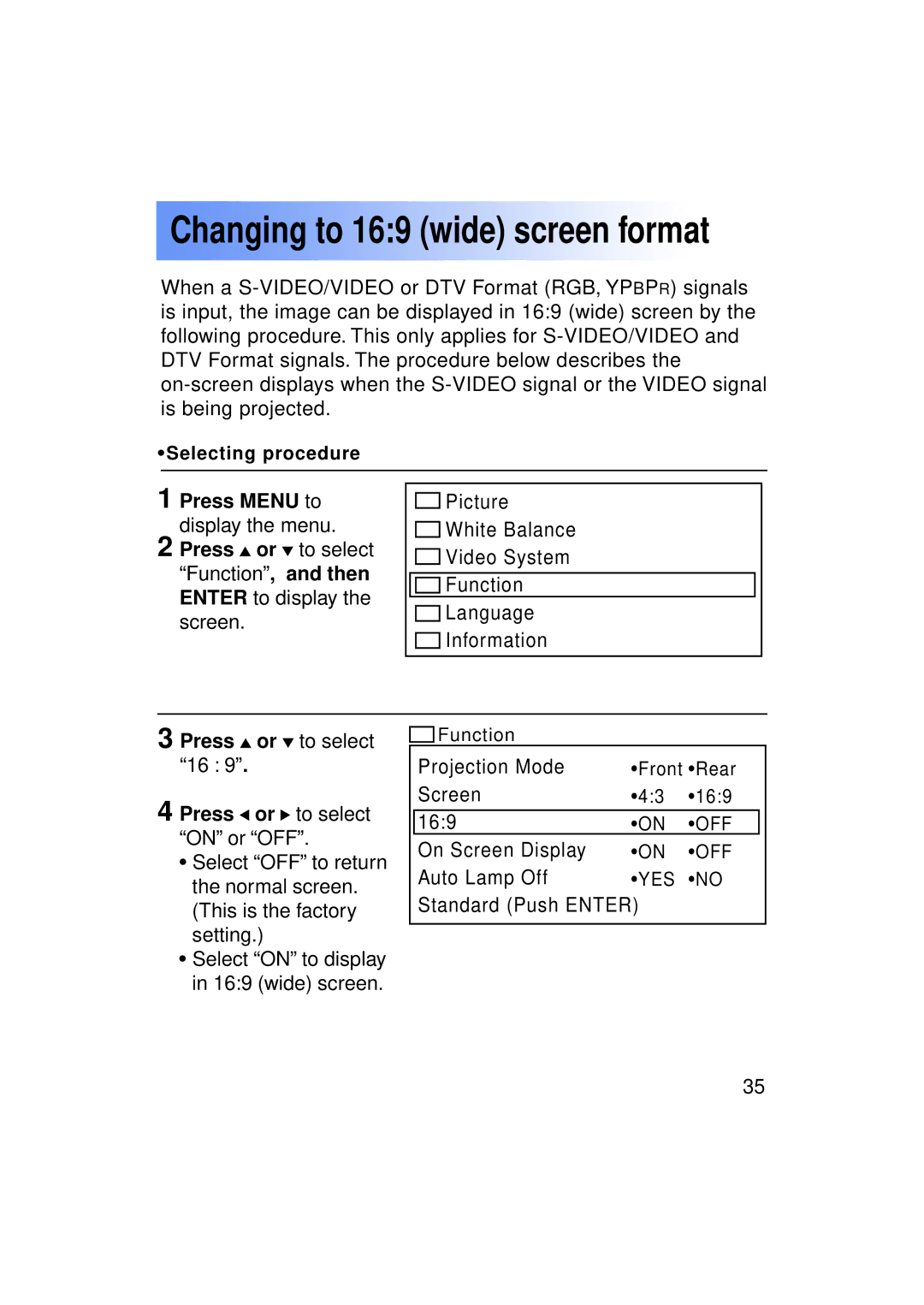 Panasonic PT-LC50U manual Changing to 169 wide screen format 