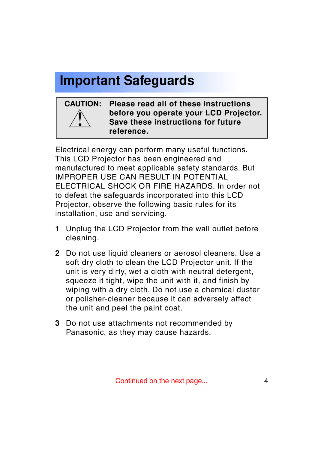 Panasonic PT-LC50U manual Important Safeguards 