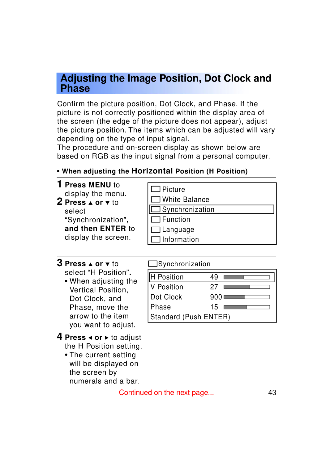 Panasonic PT-LC50U manual Adjusting the Image Position, Dot Clock and Phase 