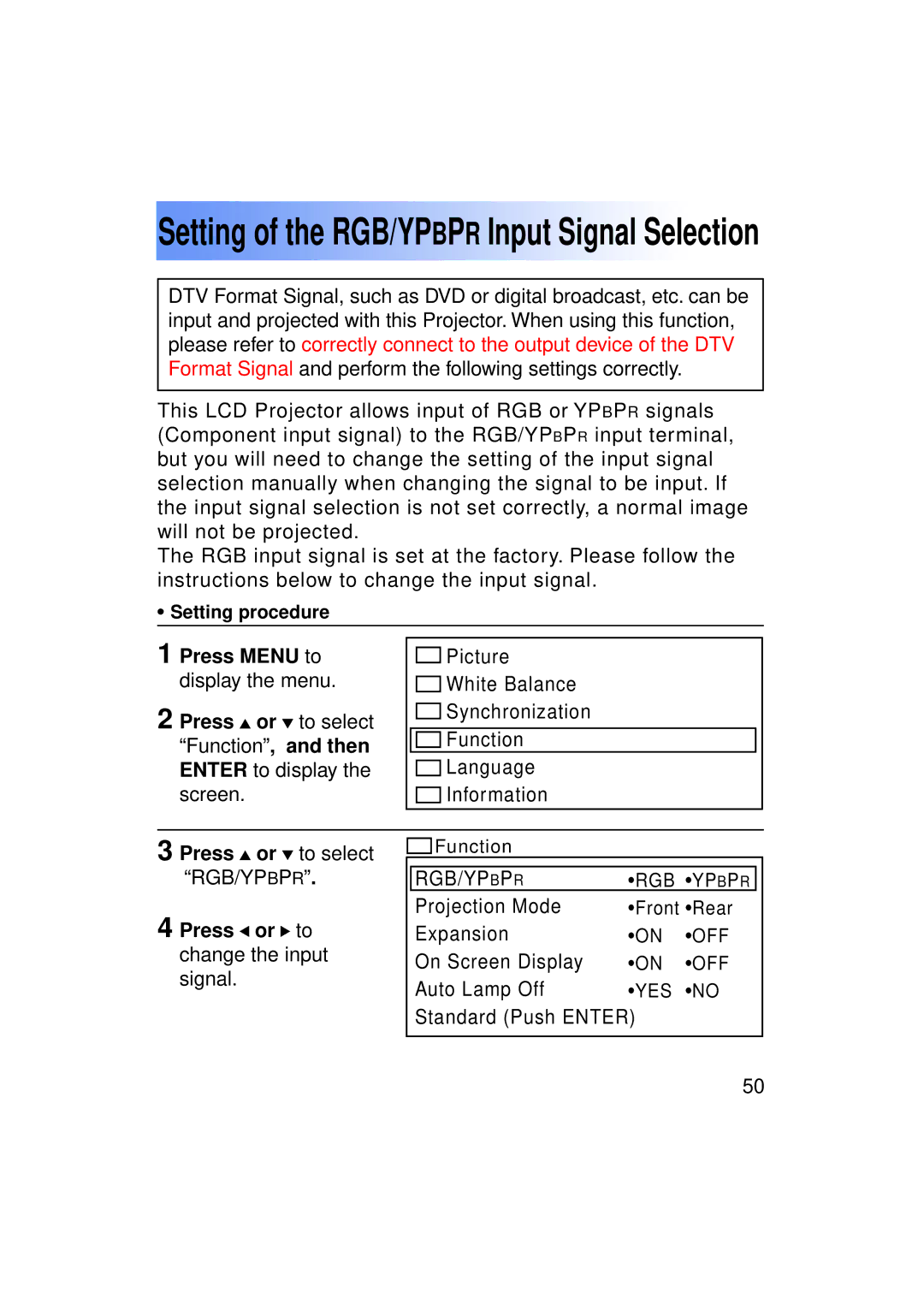 Panasonic PT-LC50U manual Setting of the RGB/YPBPR Input Signal Selection, Press or to change the input signal 