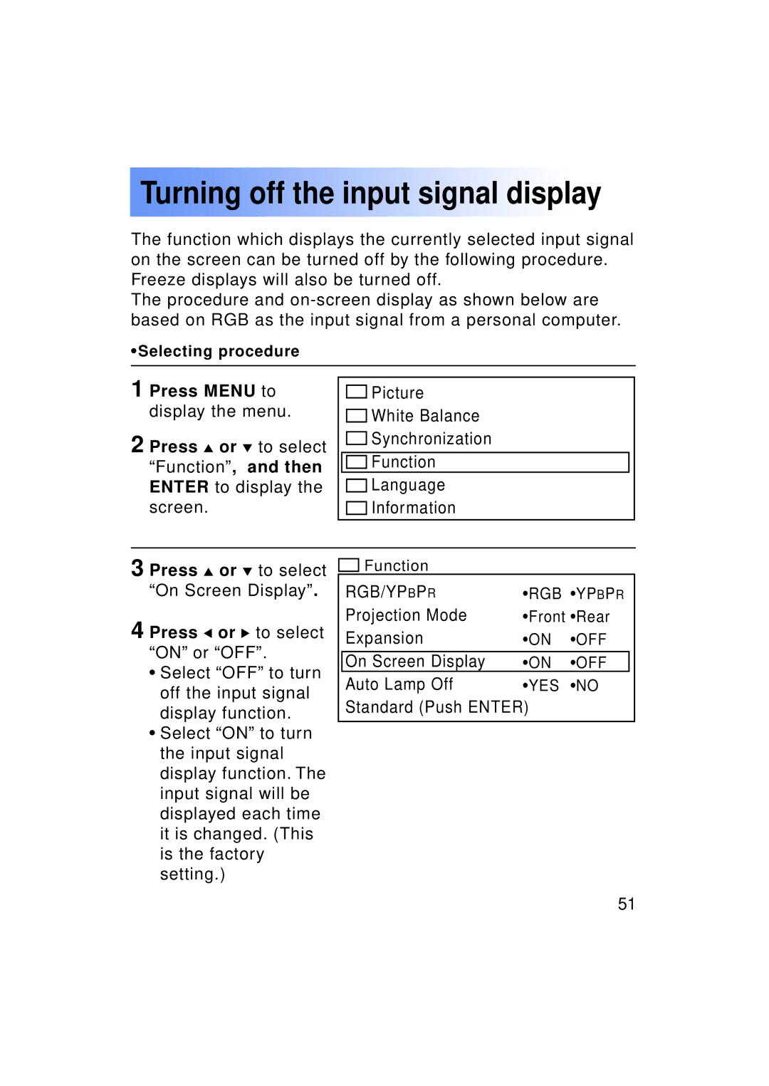 Panasonic PT-LC50U manual Turning off the input signal display 