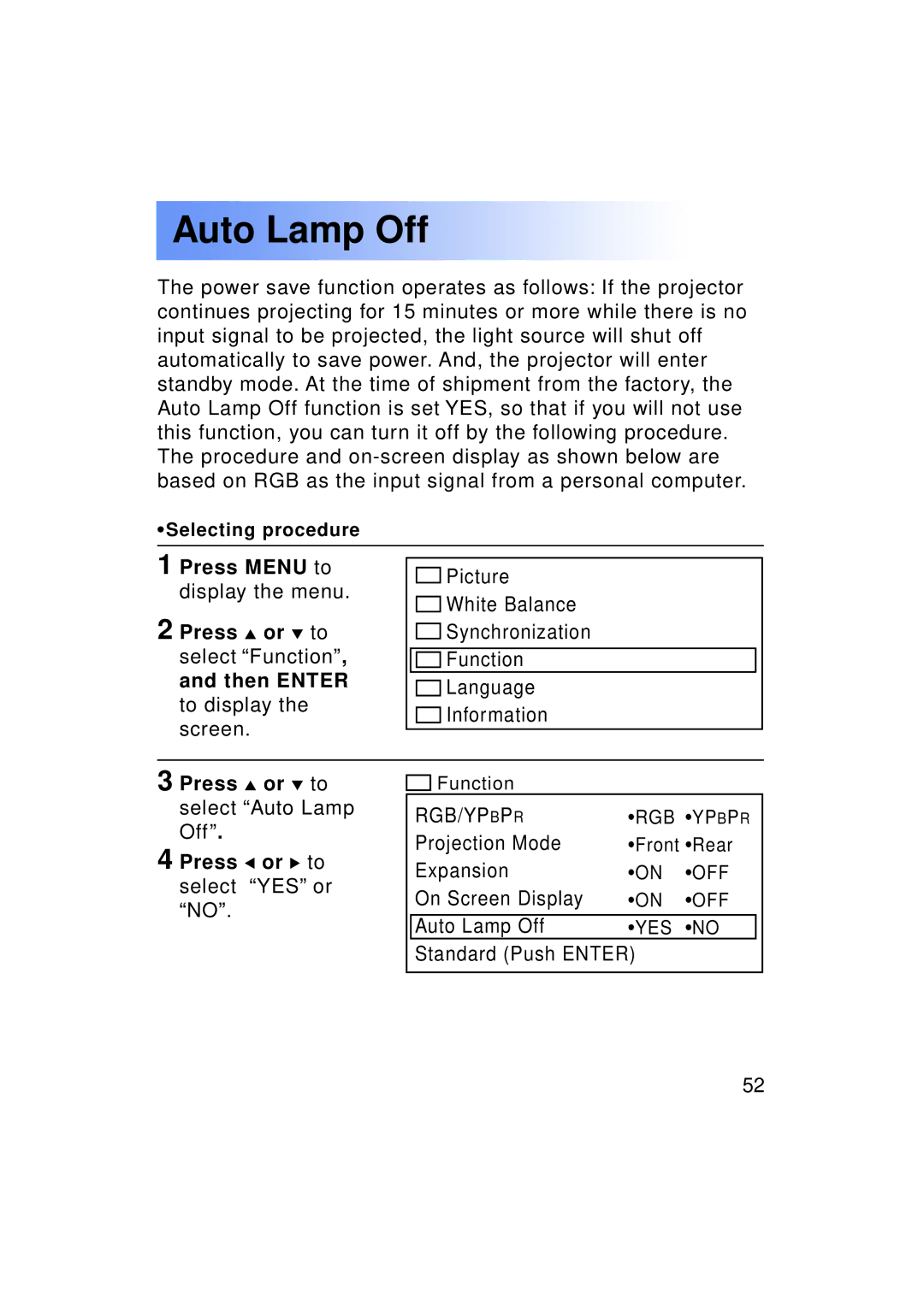 Panasonic PT-LC50U manual Auto Lamp Off 