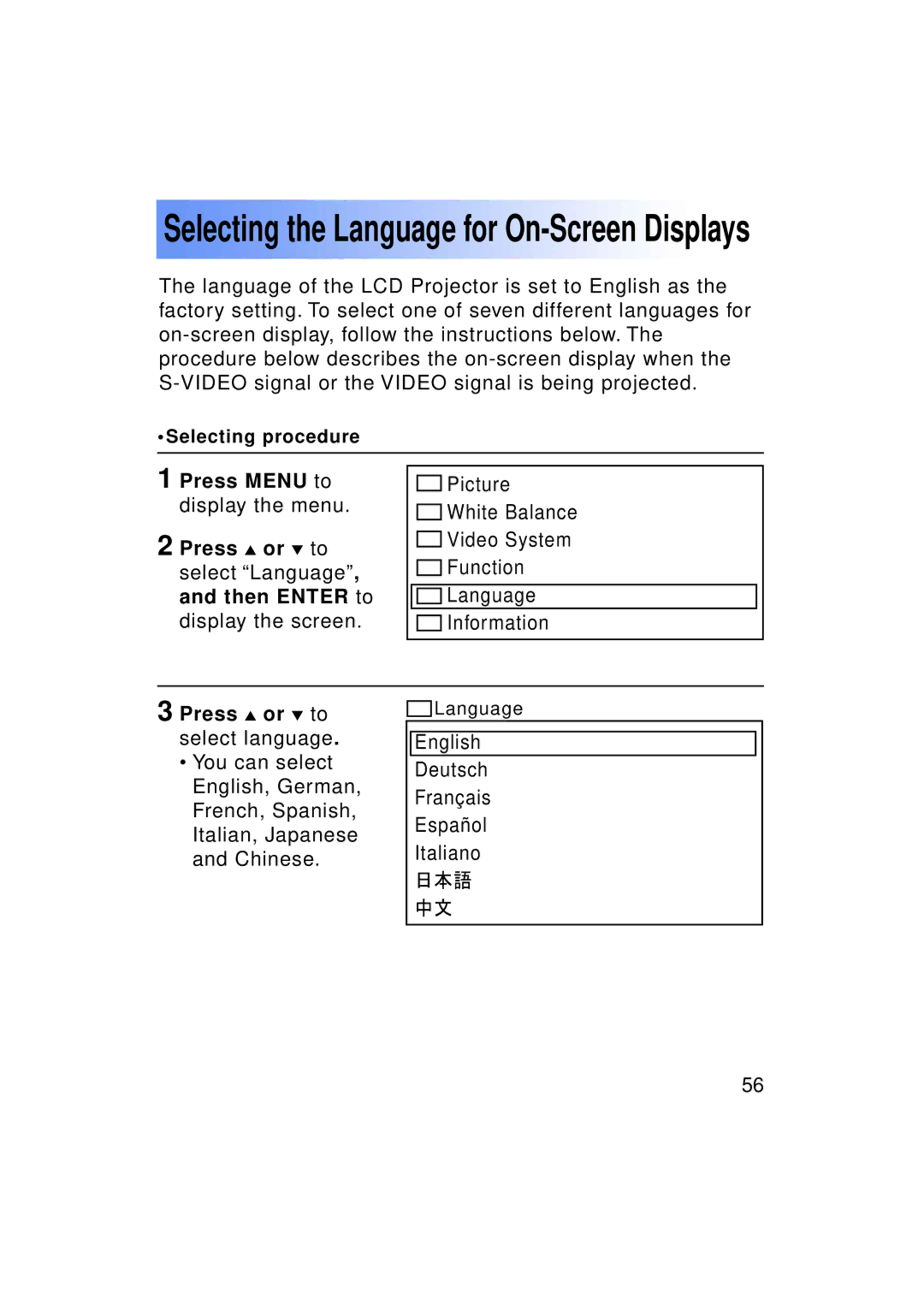 Panasonic PT-LC50U manual Selecting the Language for On-Screen Displays, Press or to select language 