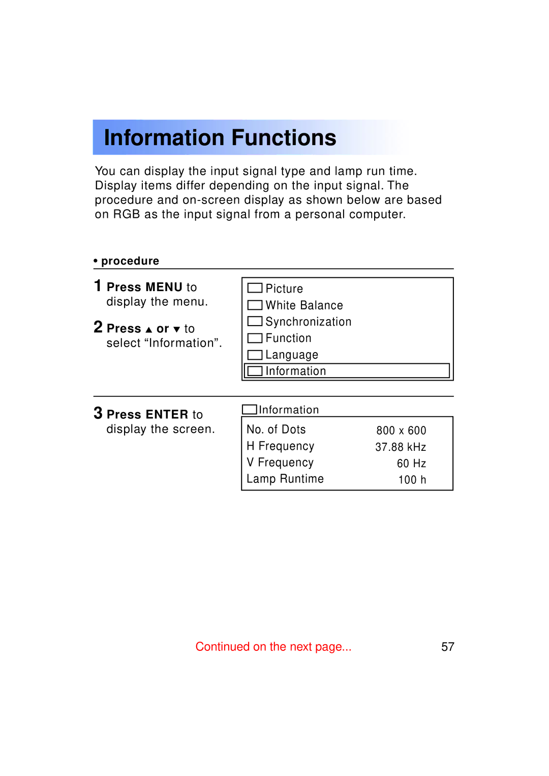 Panasonic PT-LC50U manual Information Functions, Press Enter to display the screen 