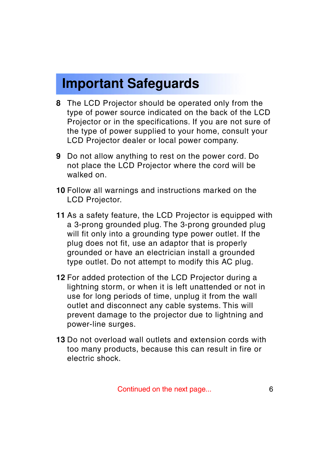 Panasonic PT-LC50U manual Important Safeguards 