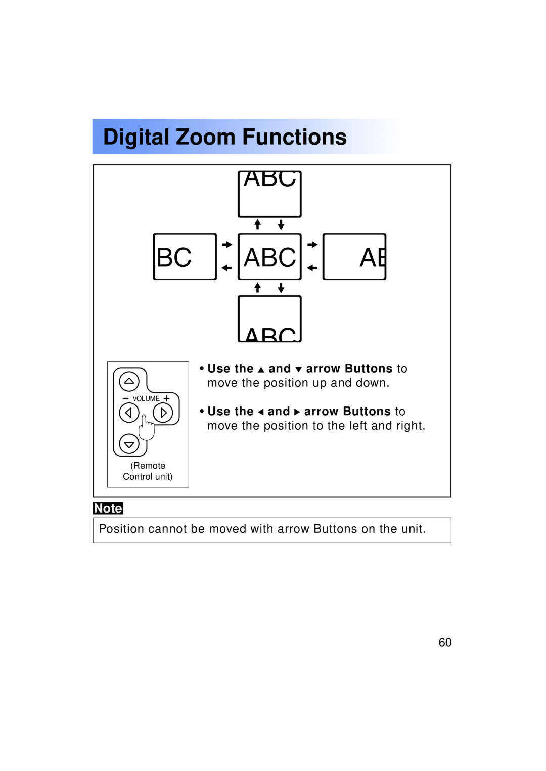 Panasonic PT-LC50U manual Position cannot be moved with arrow Buttons on the unit 