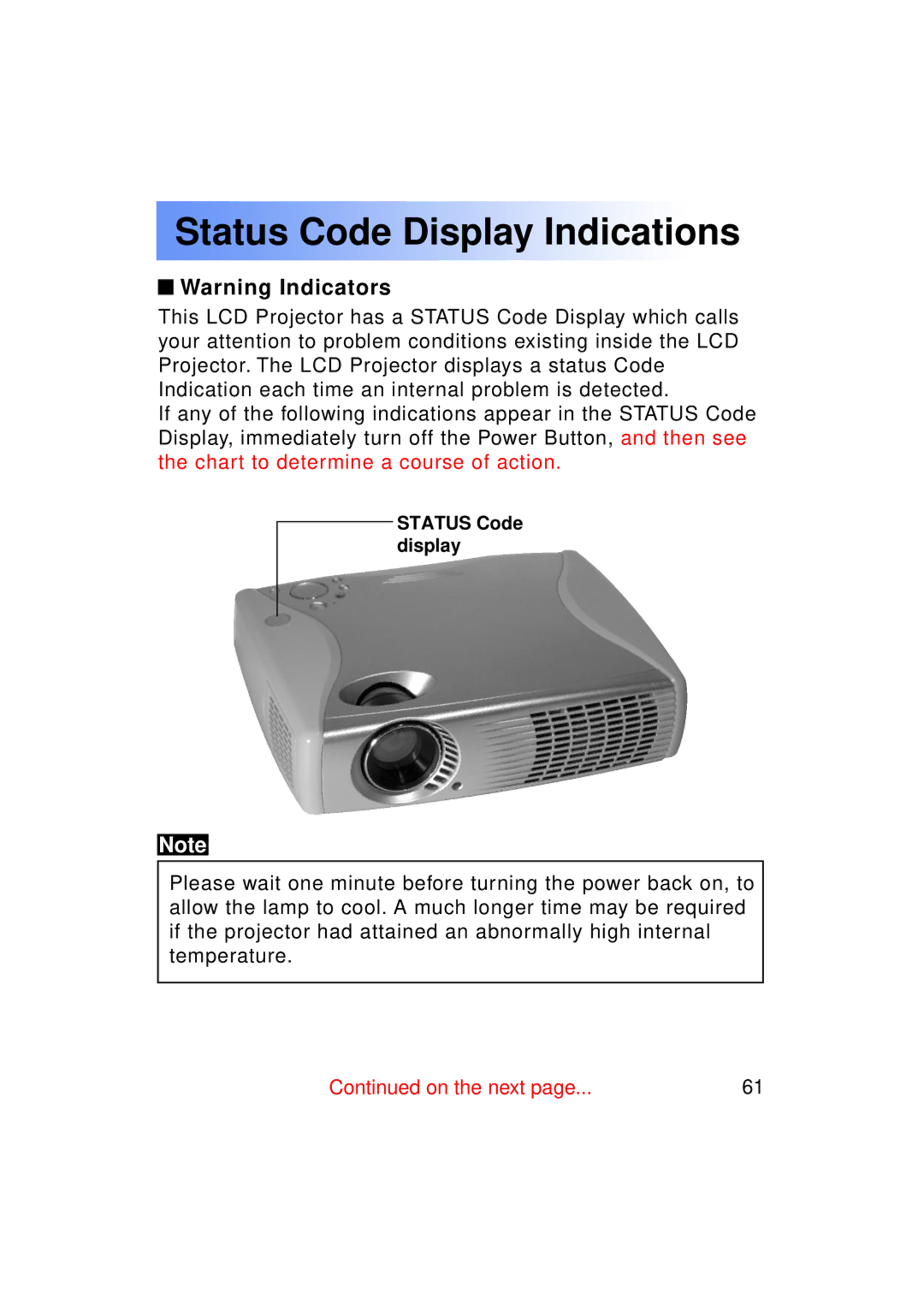 Panasonic PT-LC50U manual Status Code Display Indications 