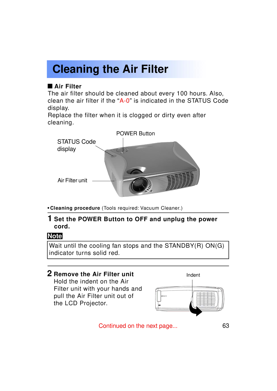 Panasonic PT-LC50U manual Cleaning the Air Filter, Set the Power Button to OFF and unplug the power cord 