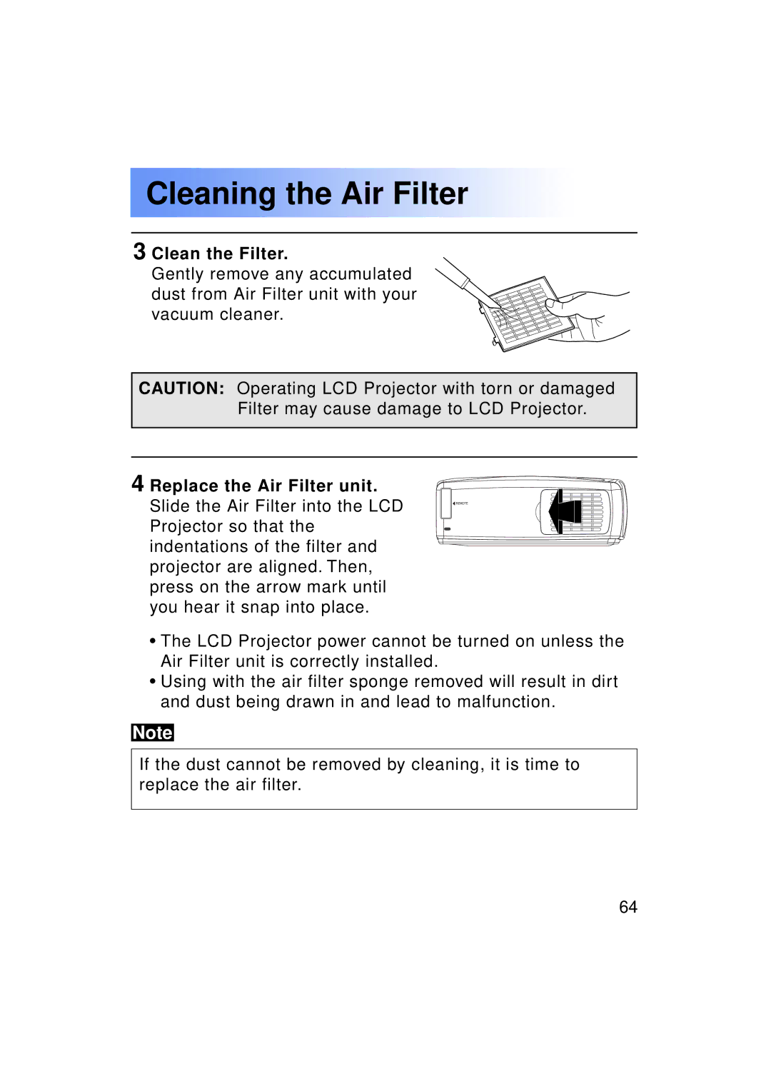 Panasonic PT-LC50U manual Clean the Filter 