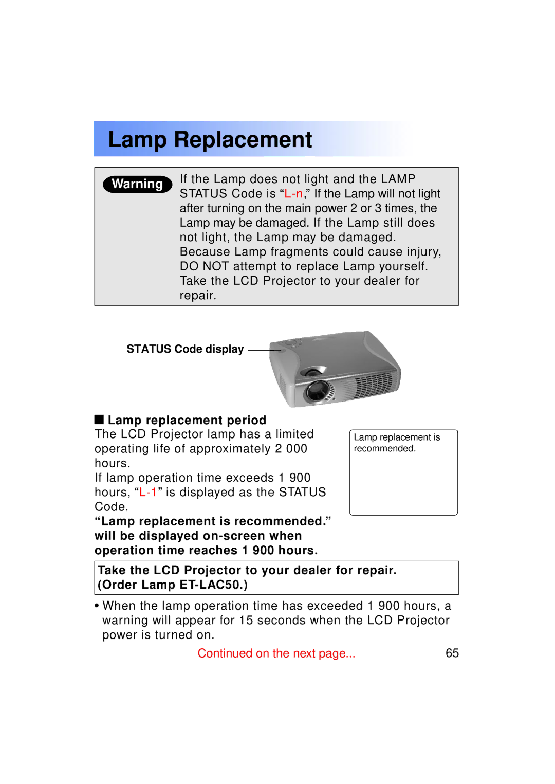 Panasonic PT-LC50U manual Lamp Replacement, Lamp replacement period 