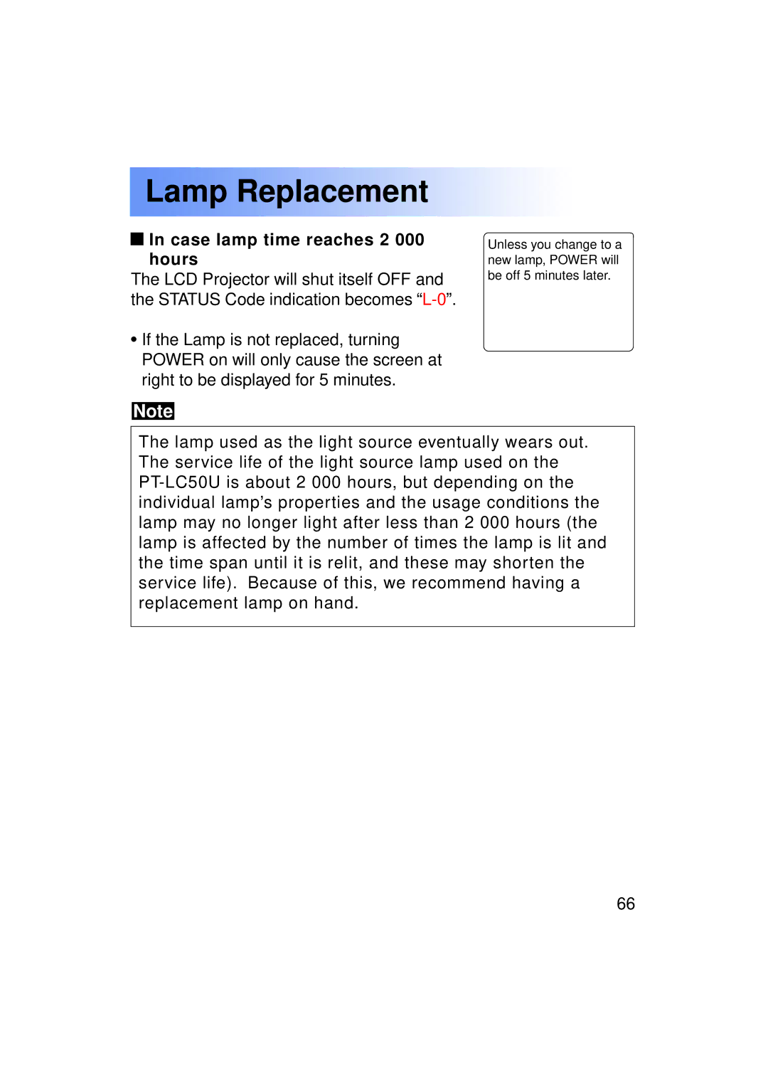 Panasonic PT-LC50U manual Case lamp time reaches 2 000 hours 