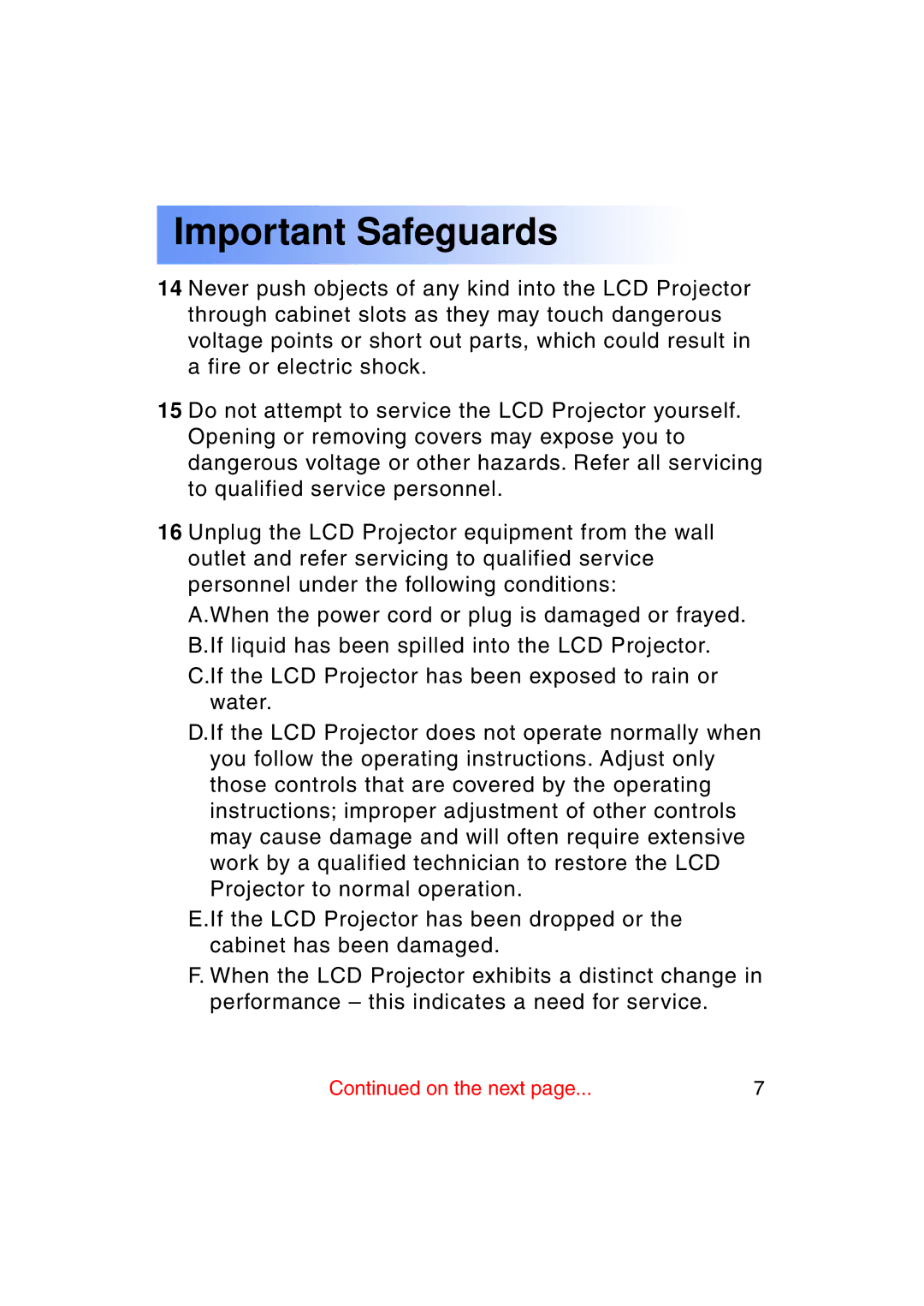 Panasonic PT-LC50U manual Important Safeguards 