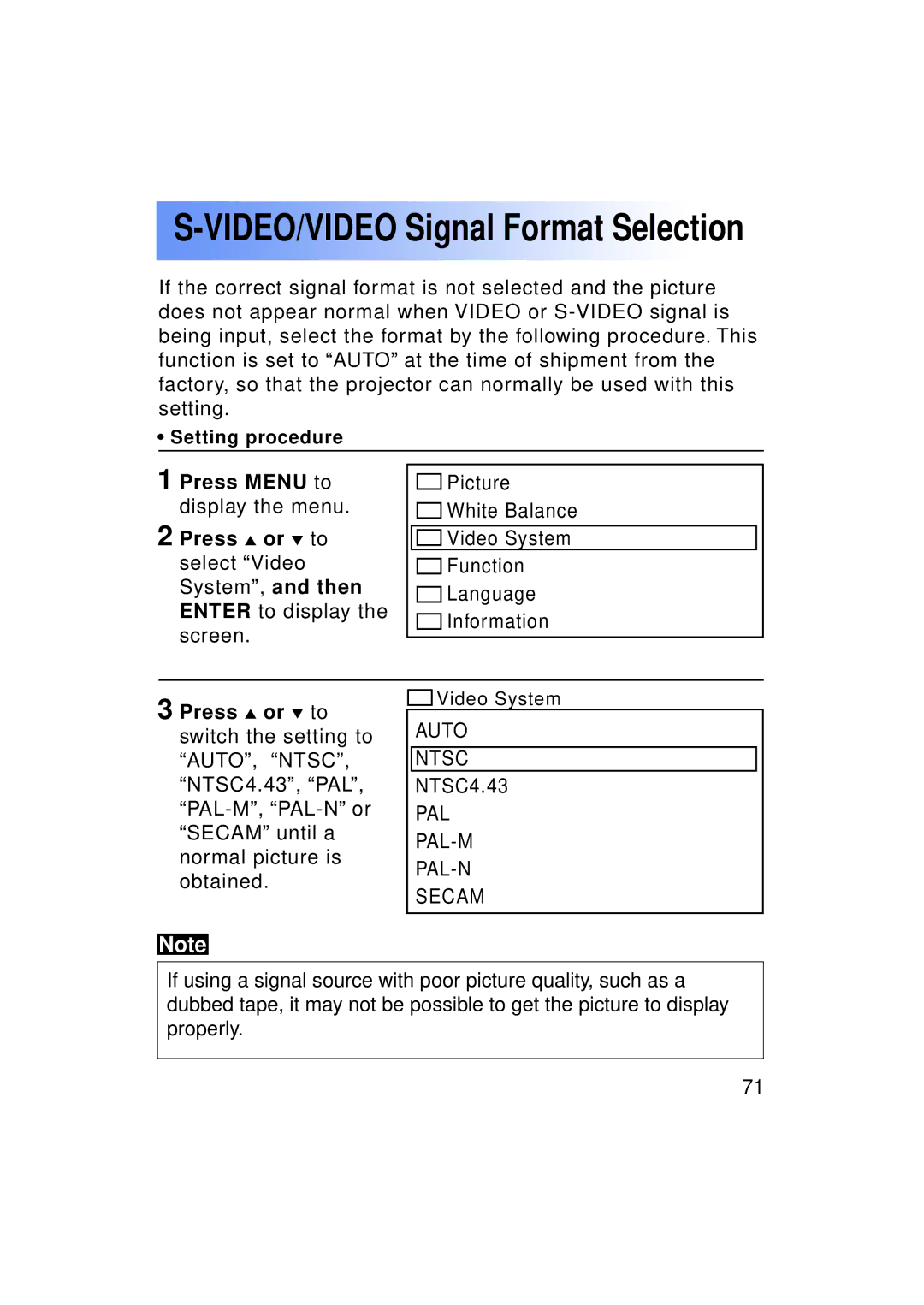 Panasonic PT-LC50U manual VIDEO/VIDEO Signal Format Selection 