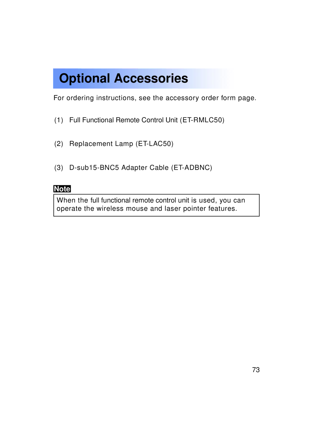 Panasonic PT-LC50U manual Optional Accessories 