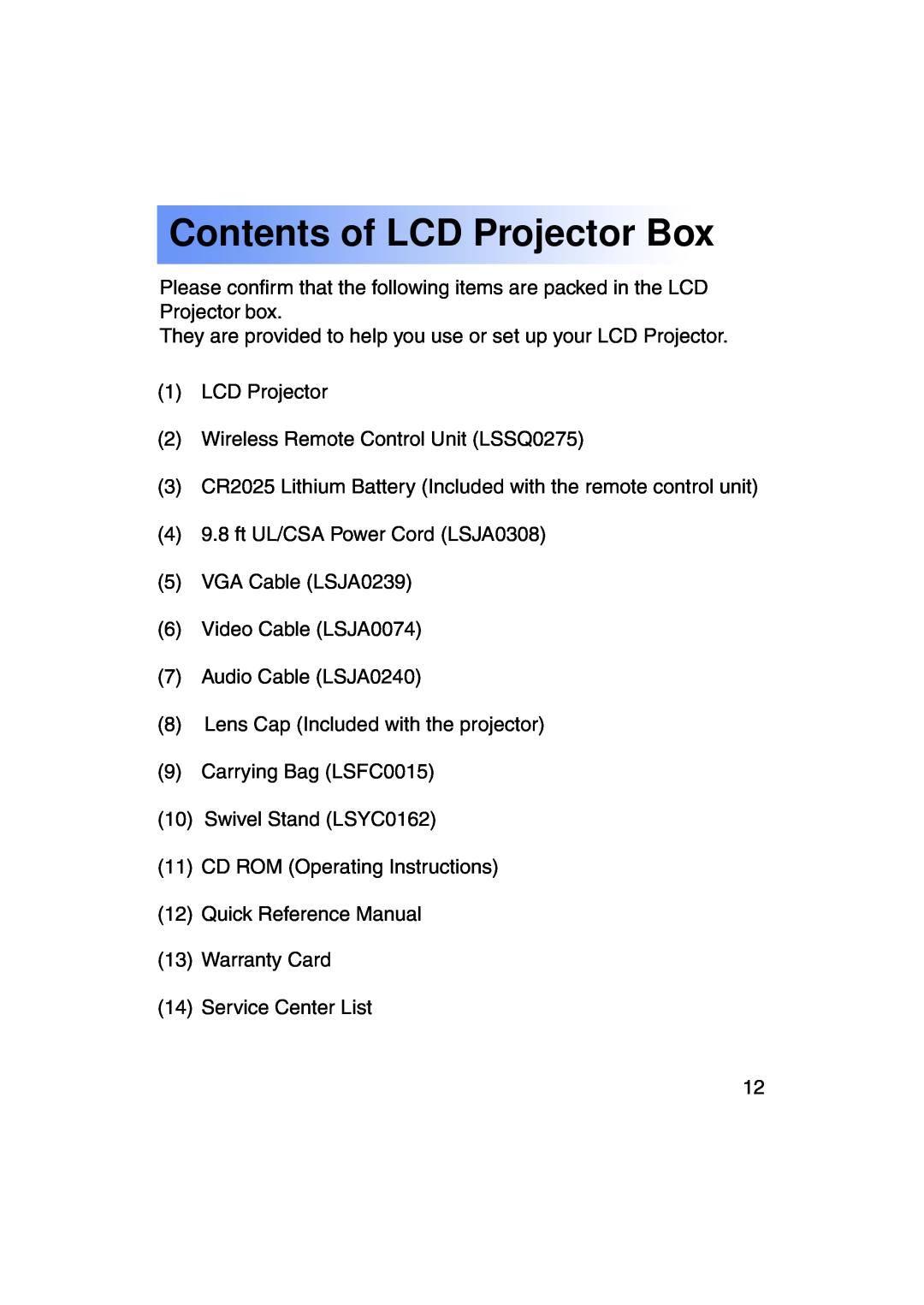 Panasonic PT-LC50U manual Contents of LCD Projector Box 