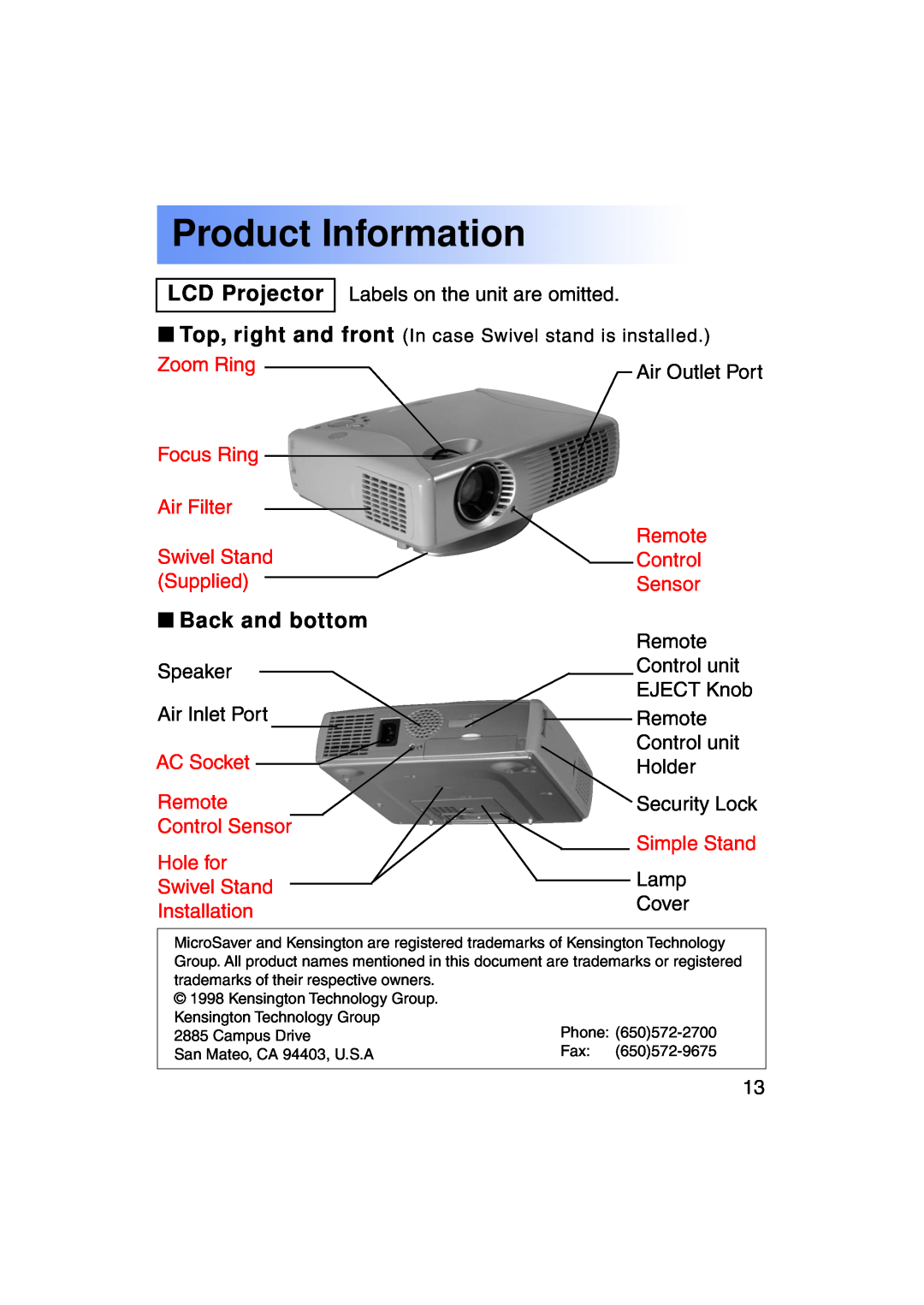 Panasonic PT-LC50U manual Product Information, LCD Projector, Back and bottom 