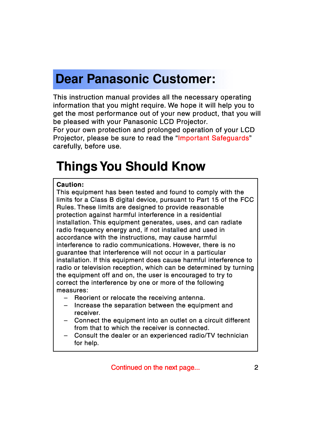 Panasonic PT-LC50U manual Dear Panasonic Customer, Things You Should Know, Continued on the next page 