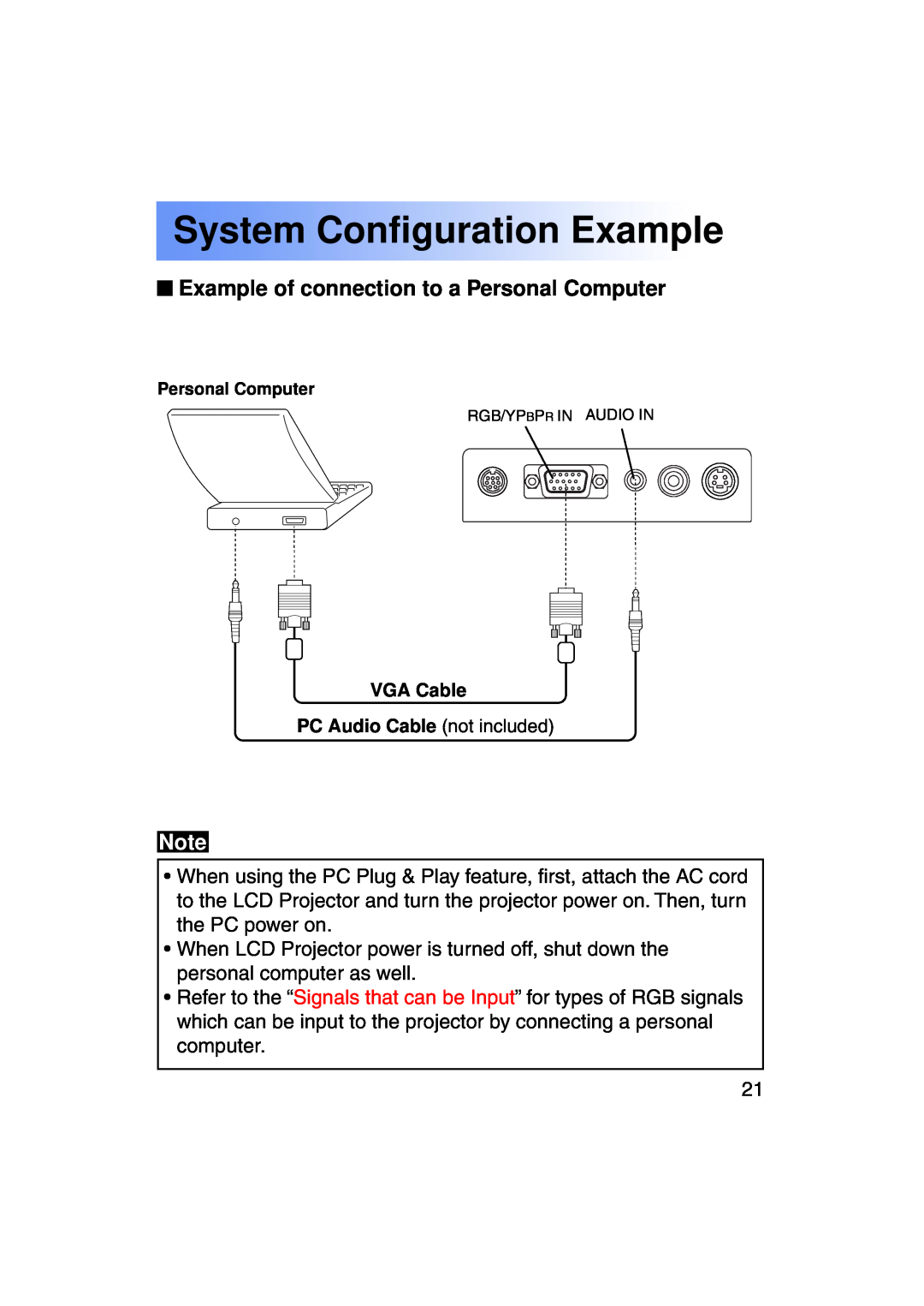 Panasonic PT-LC50U manual System Configuration Example, Example of connection to a Personal Computer 