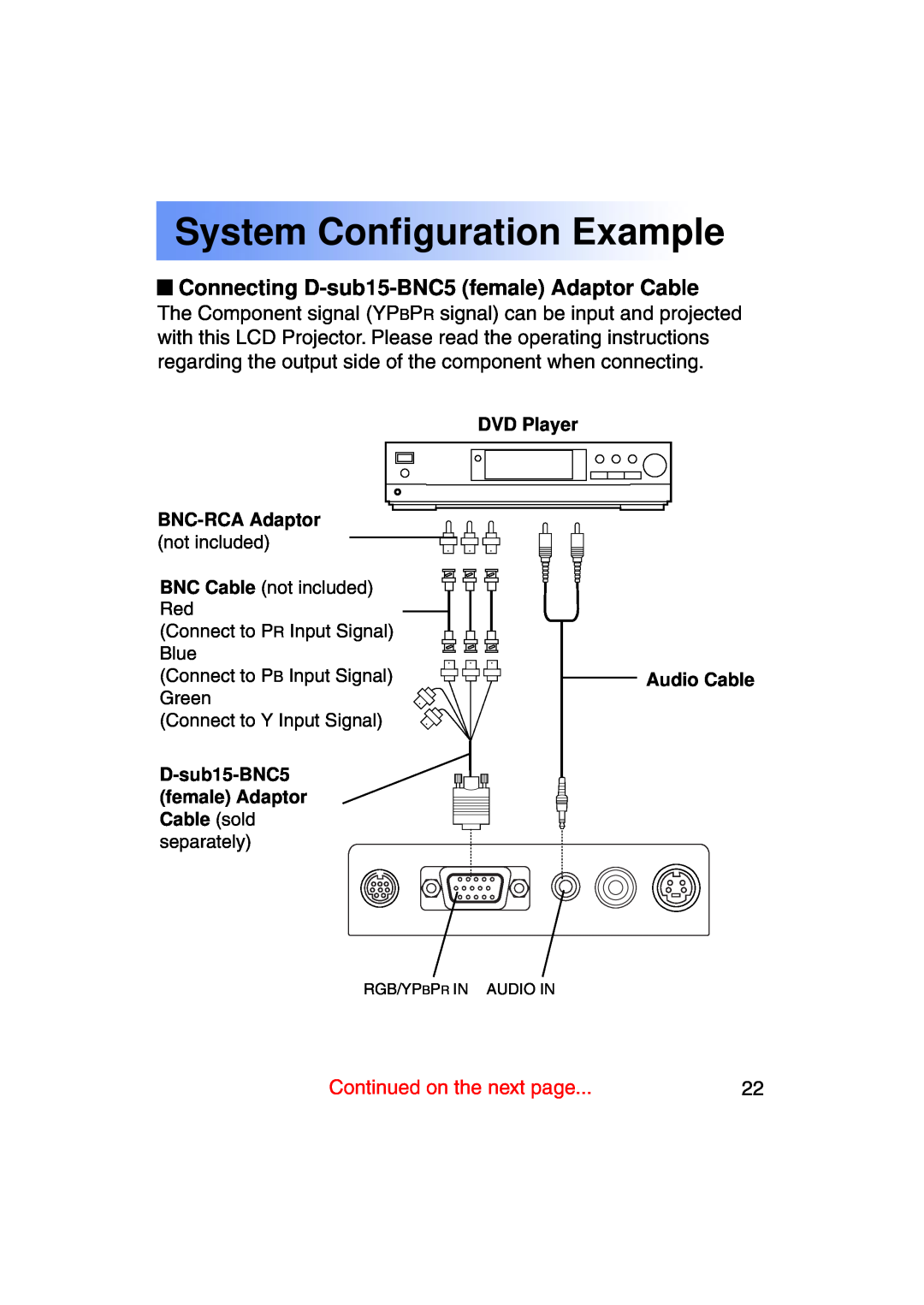 Panasonic PT-LC50U manual System Configuration Example, Connecting D-sub15-BNC5 female Adaptor Cable, BNC-RCA Adaptor 