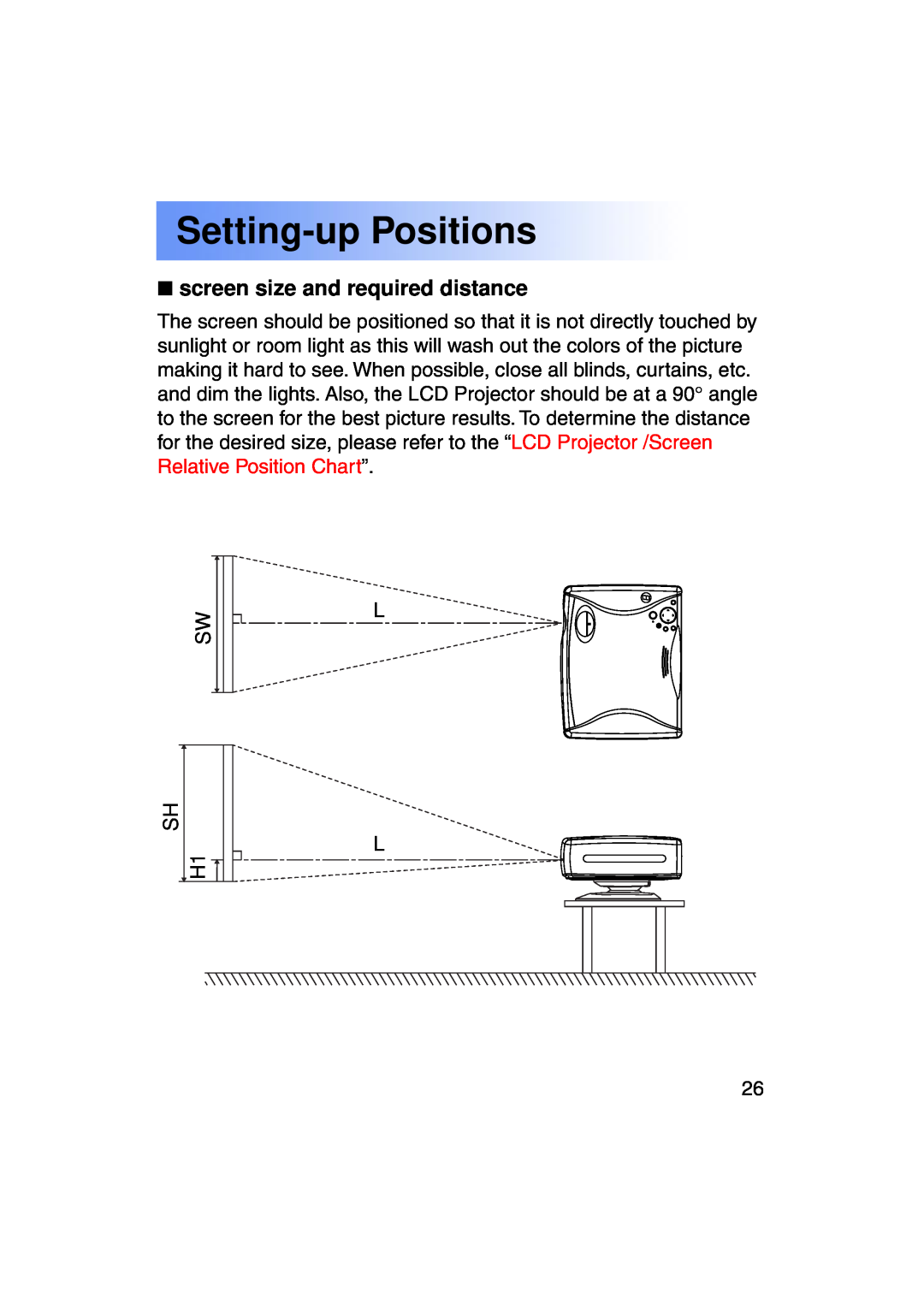 Panasonic PT-LC50U manual Setting-up Positions, screen size and required distance, SH H1 