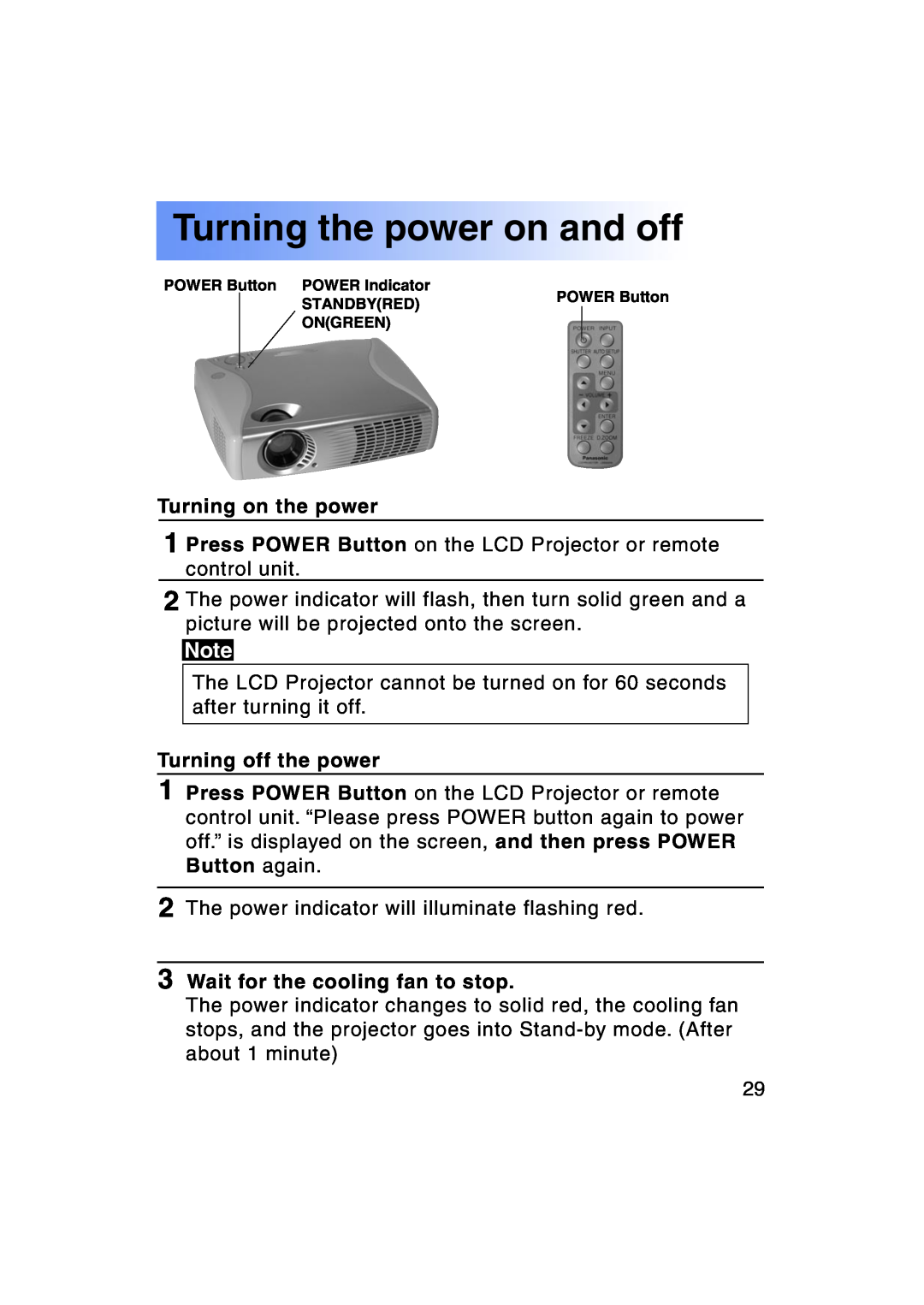 Panasonic PT-LC50U manual Turning the power on and off, Turning on the power, Turning off the power 