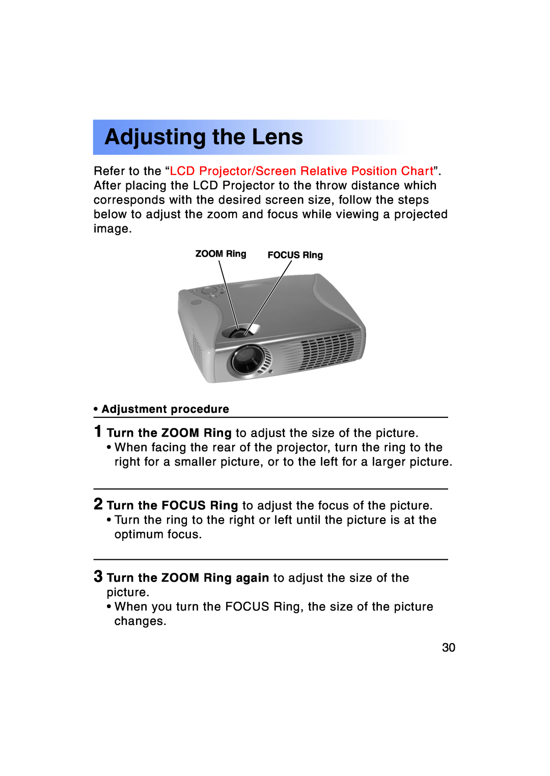 Panasonic PT-LC50U manual Adjusting the Lens 