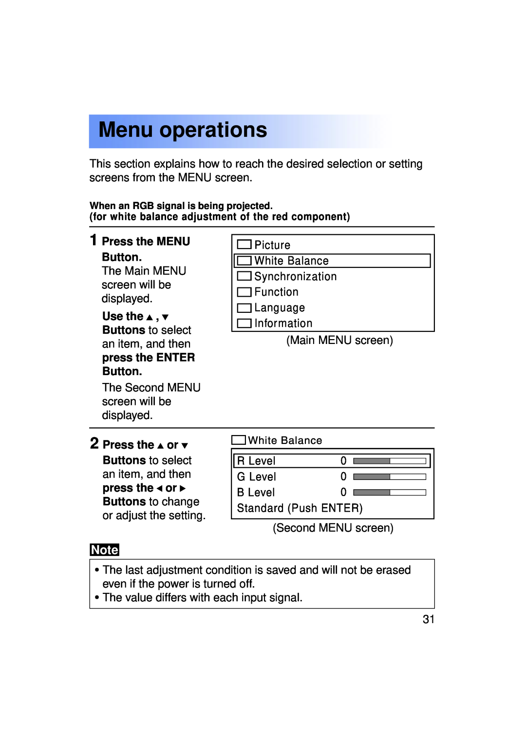 Panasonic PT-LC50U manual Menu operations, Press the MENU Button, Press the or 