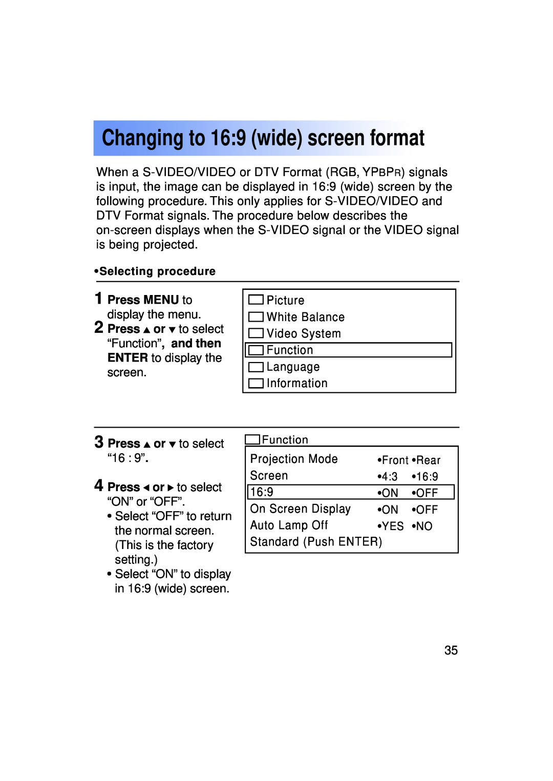 Panasonic PT-LC50U manual Changing to 169 wide screen format, Press MENU to display the menu 