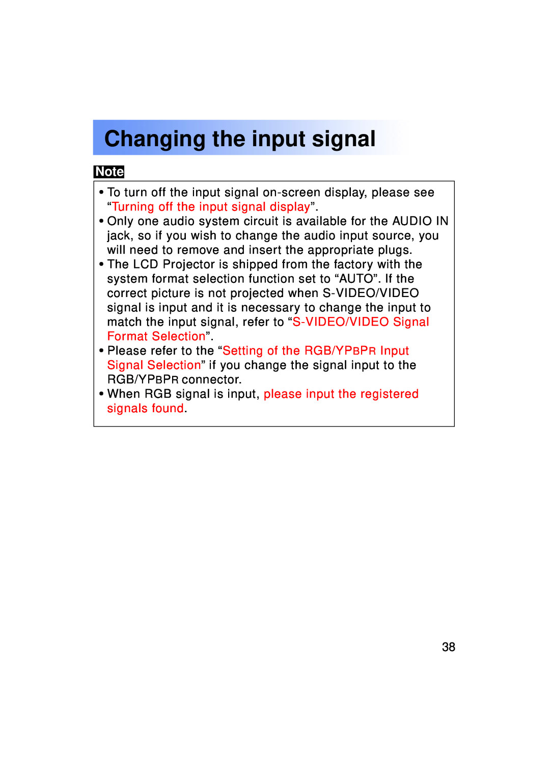 Panasonic PT-LC50U manual Changing the input signal, When RGB signal is input, please input the registered signals found 