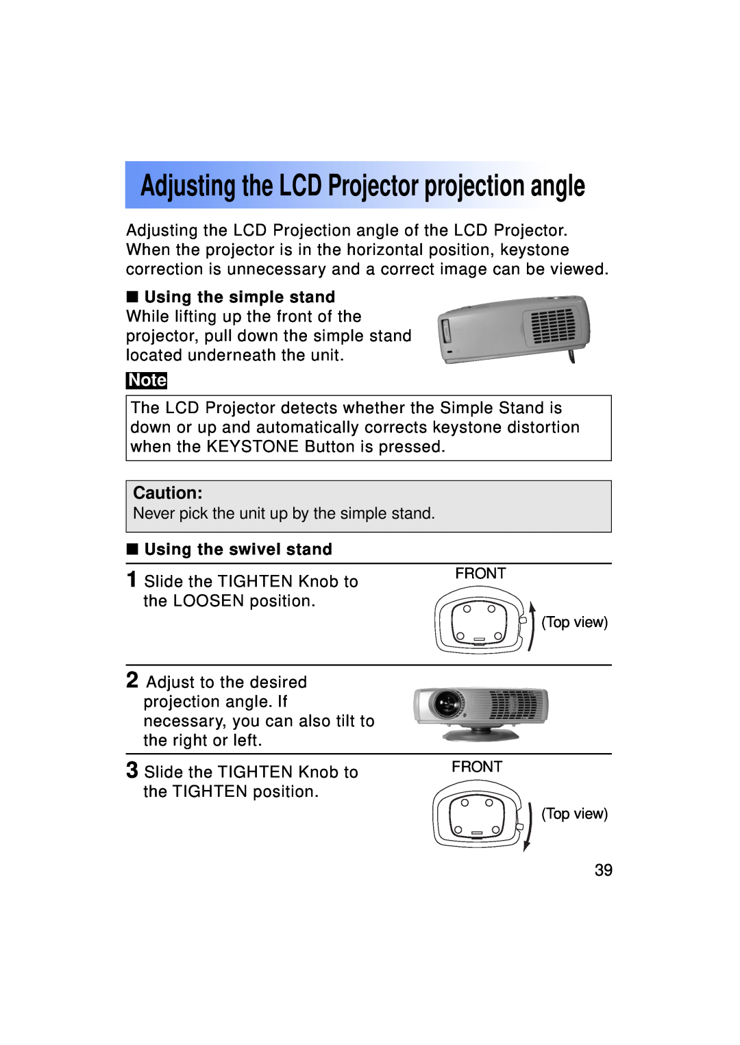 Panasonic PT-LC50U manual Adjusting the LCD Projector projection angle, Using the swivel stand 