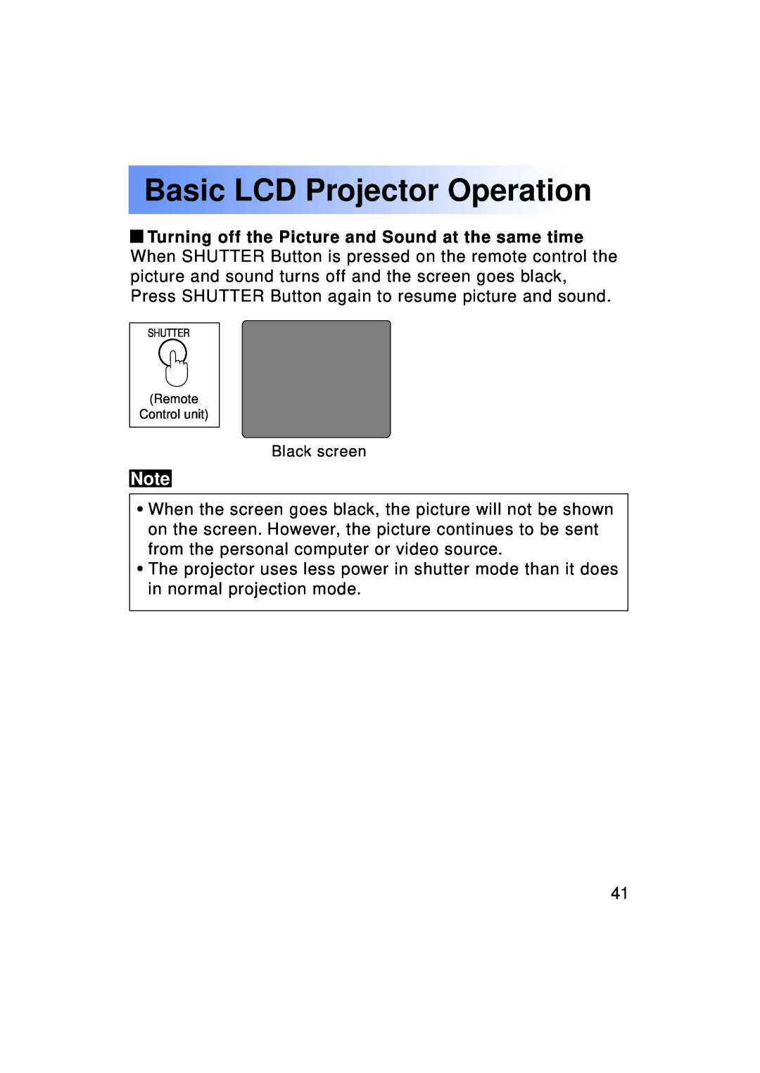 Panasonic PT-LC50U manual Basic LCD Projector Operation, Black screen, Shutter 