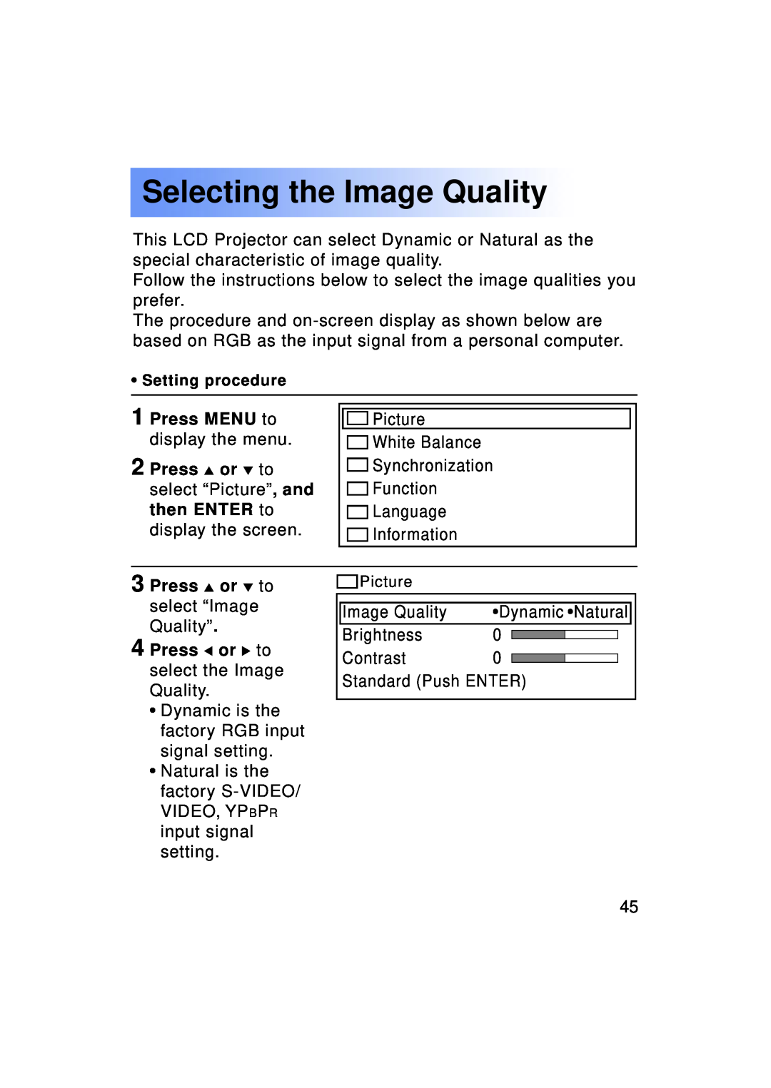 Panasonic PT-LC50U Selecting the Image Quality, Press MENU to display the menu, Press or to select “Image Quality” or to 