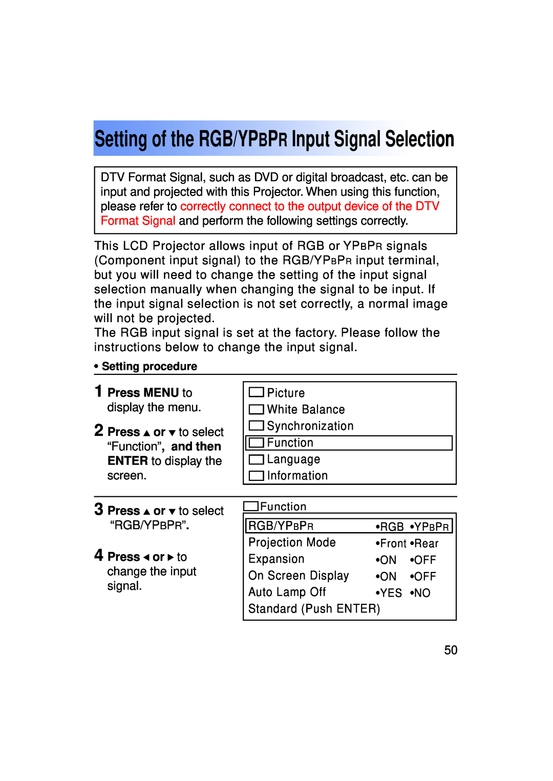 Panasonic PT-LC50U manual Setting of the RGB/YPBPR Input Signal Selection, Press MENU to display the menu 