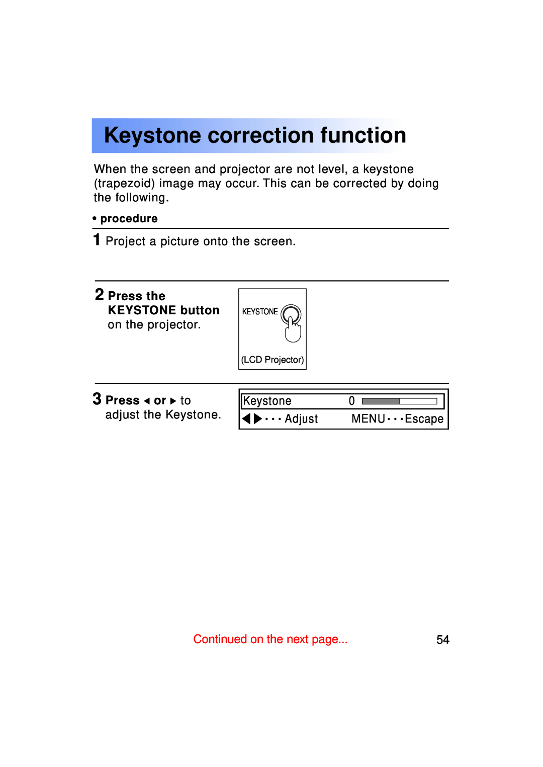 Panasonic PT-LC50U manual Keystone correction function, Press the KEYSTONE button, procedure 