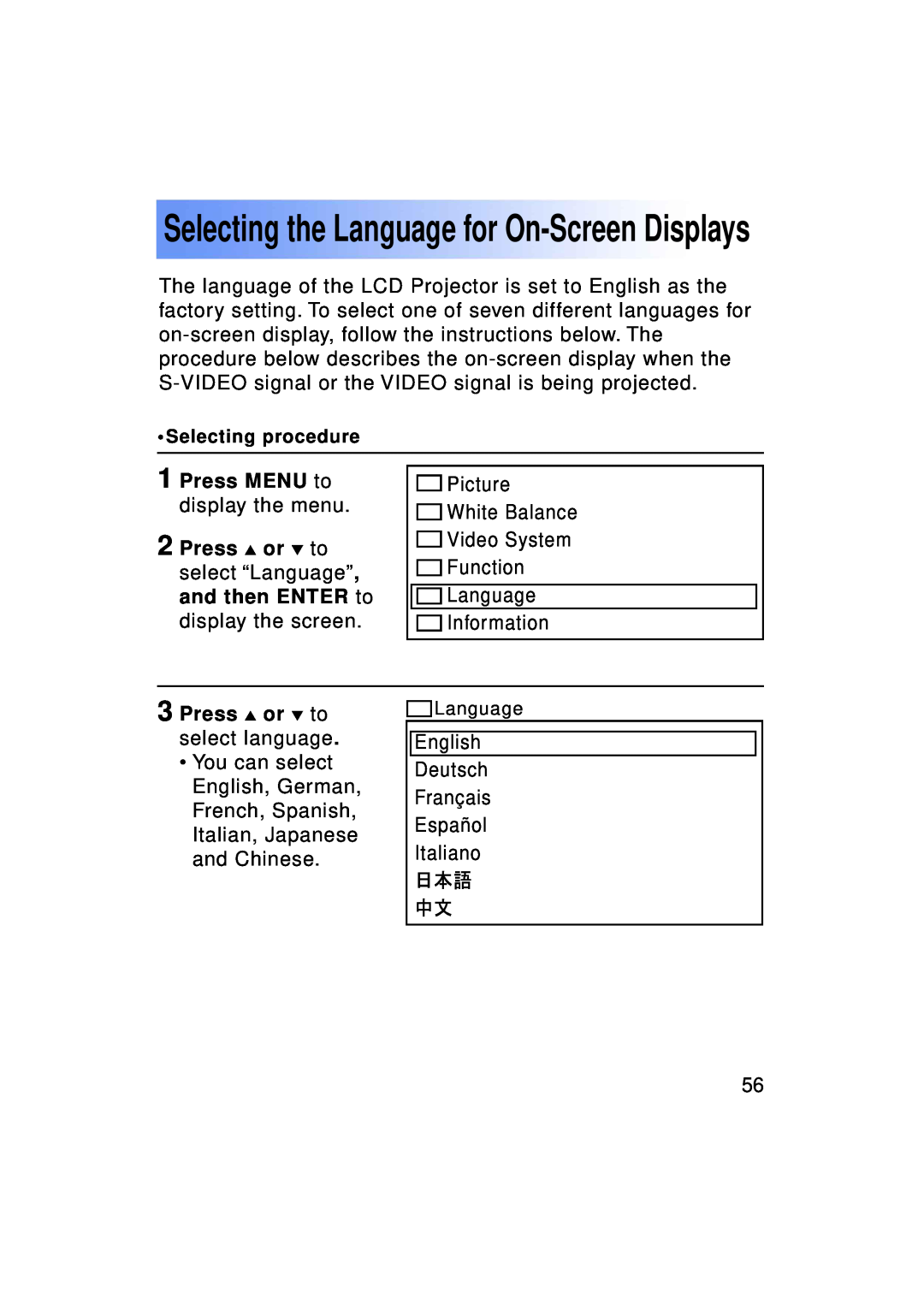 Panasonic PT-LC50U manual Selecting the Language for On-Screen Displays, Press MENU to display the menu 