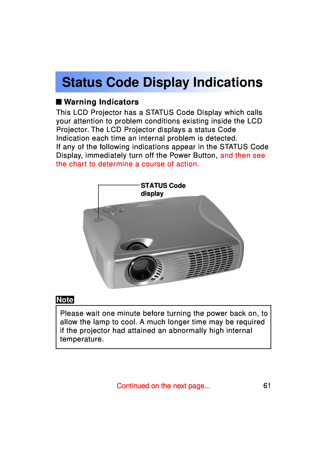 Panasonic PT-LC50U manual Status Code Display Indications, Warning Indicators 