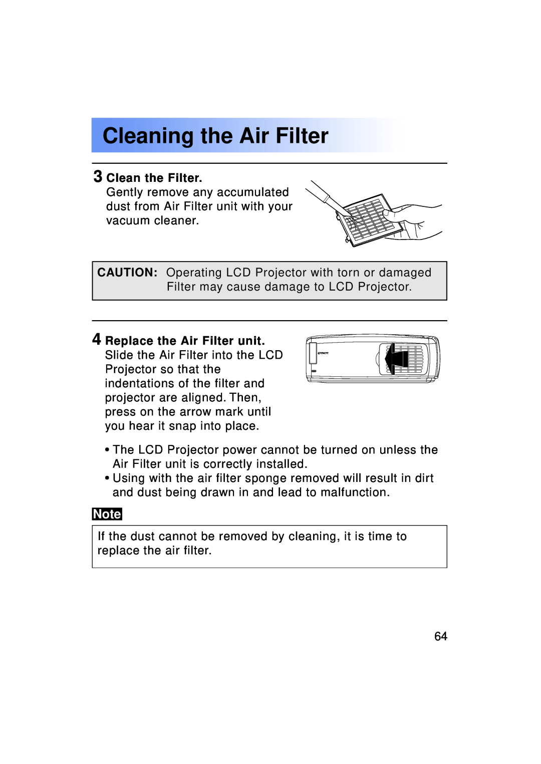 Panasonic PT-LC50U manual Cleaning the Air Filter, Clean the Filter 