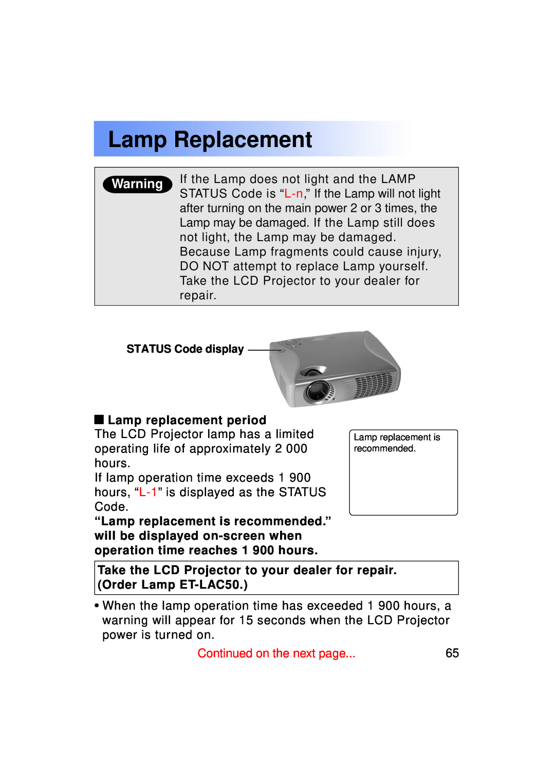 Panasonic PT-LC50U manual Lamp Replacement, Lamp replacement period 