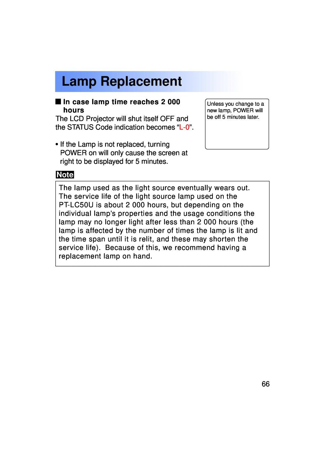 Panasonic PT-LC50U manual Lamp Replacement, In case lamp time reaches 2 000 hours 