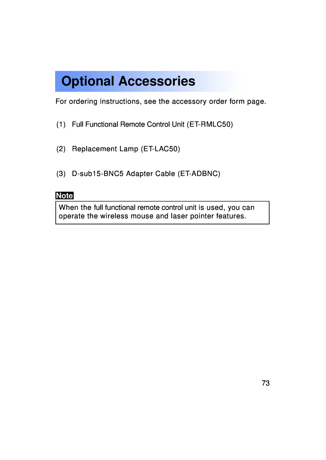 Panasonic PT-LC50U manual Optional Accessories, For ordering instructions, see the accessory order form page 