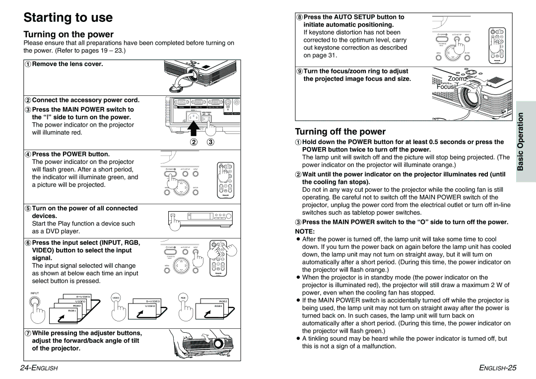 Panasonic PT-LC75E, PT-LC55E manual Starting to use, Turning on the power, Turning off the power 