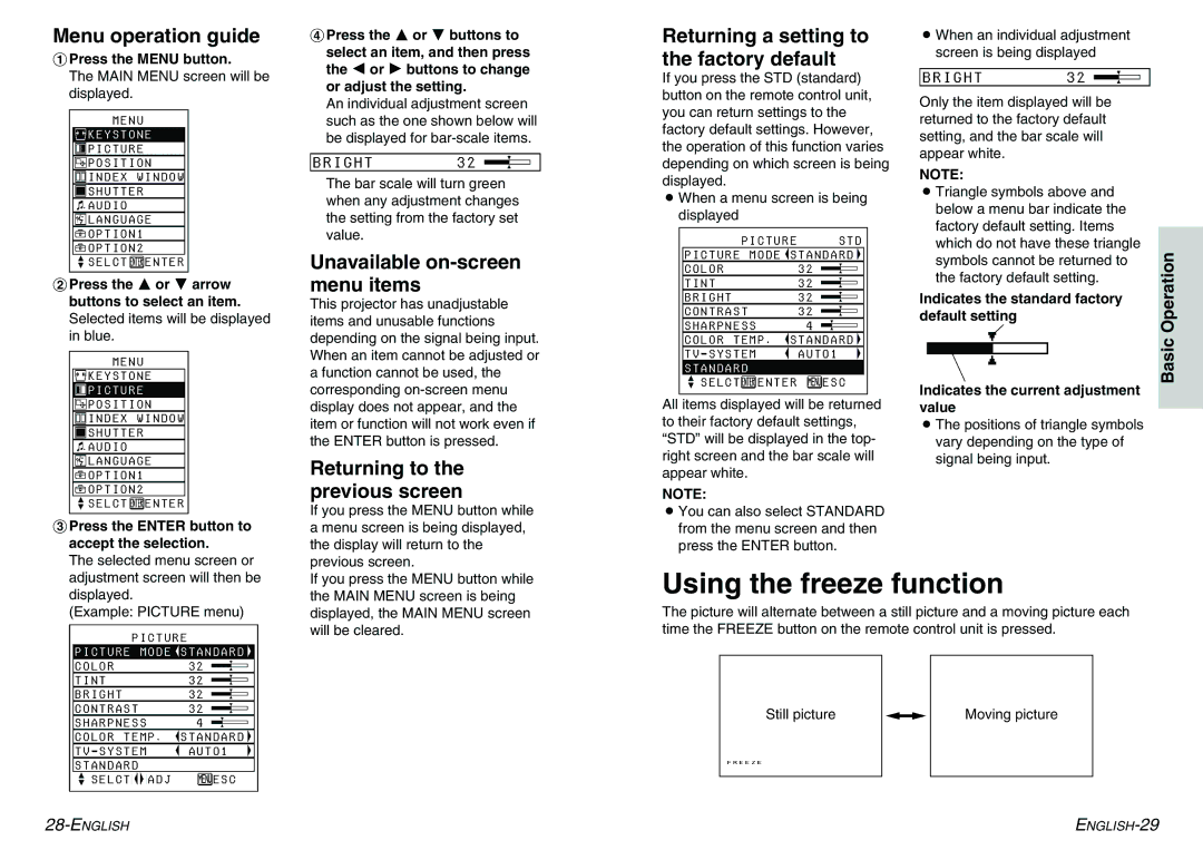 Panasonic PT-LC75E, PT-LC55E manual Using the freeze function, Menu operation guide, Returning a setting to, Factory default 