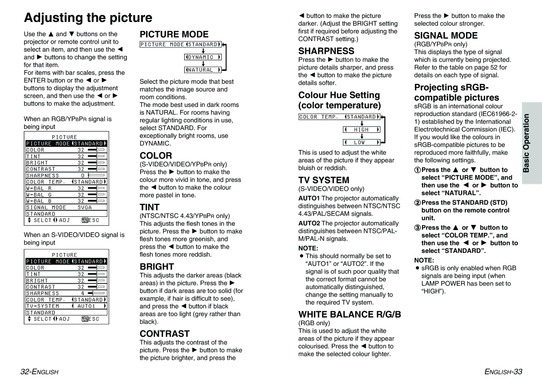 Panasonic PT-LC75E manual Adjusting the picture, Button to make the picture, Darker. Adjust the Bright setting, RGB only 