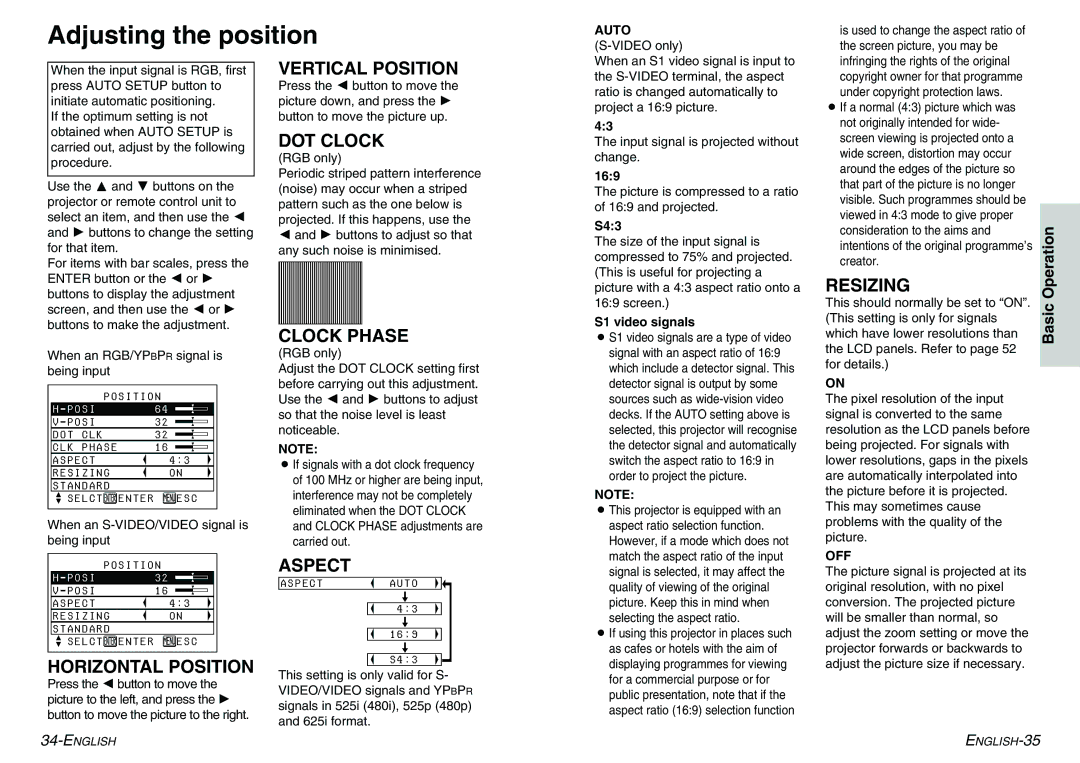 Panasonic PT-LC55E, PT-LC75E manual Adjusting the position, Auto, Off 