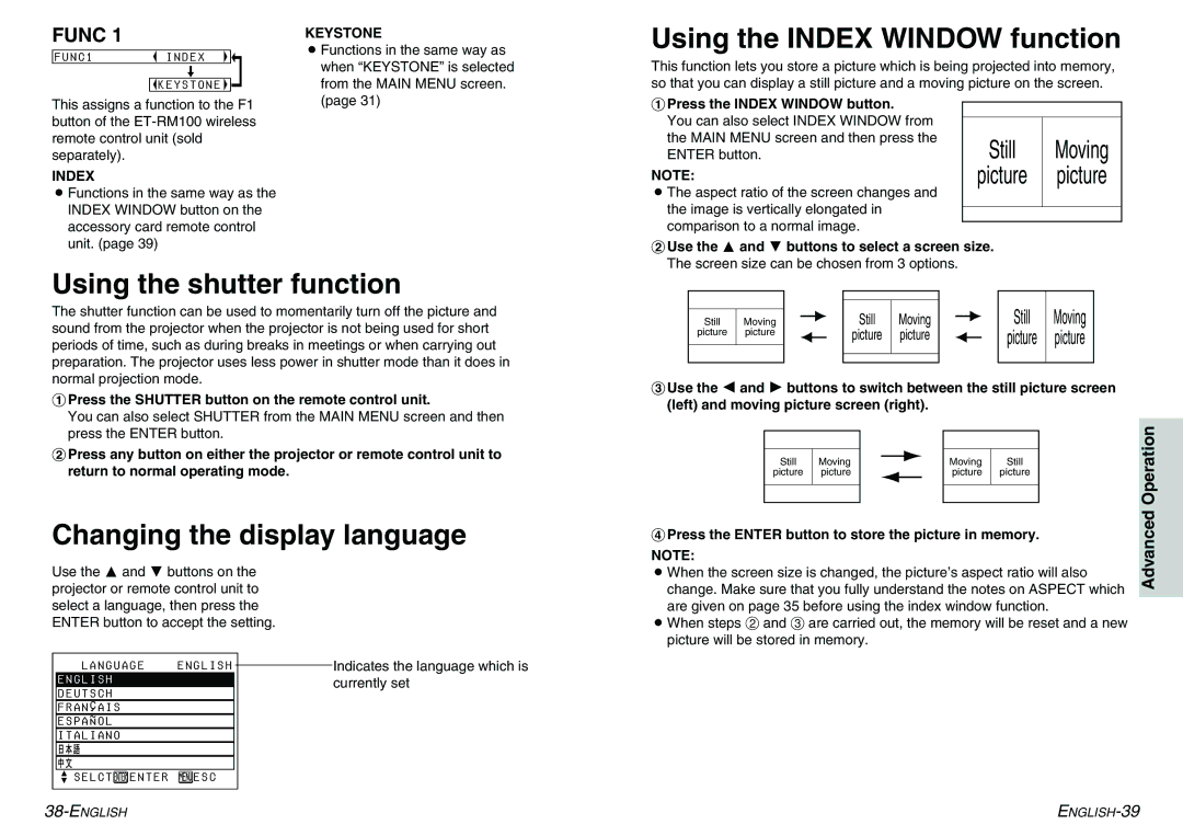 Panasonic PT-LC55E Using the Index Window function, Using the shutter function, Changing the display language, Keystone 