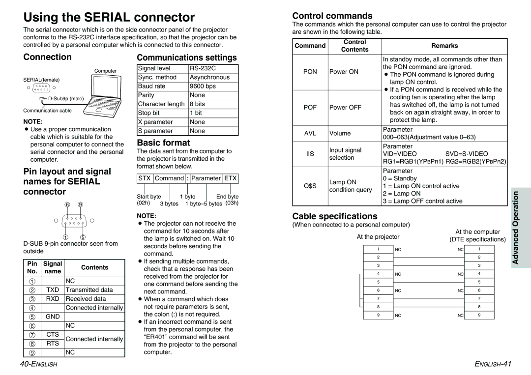 Panasonic PT-LC75E, PT-LC55E manual Using the Serial connector 